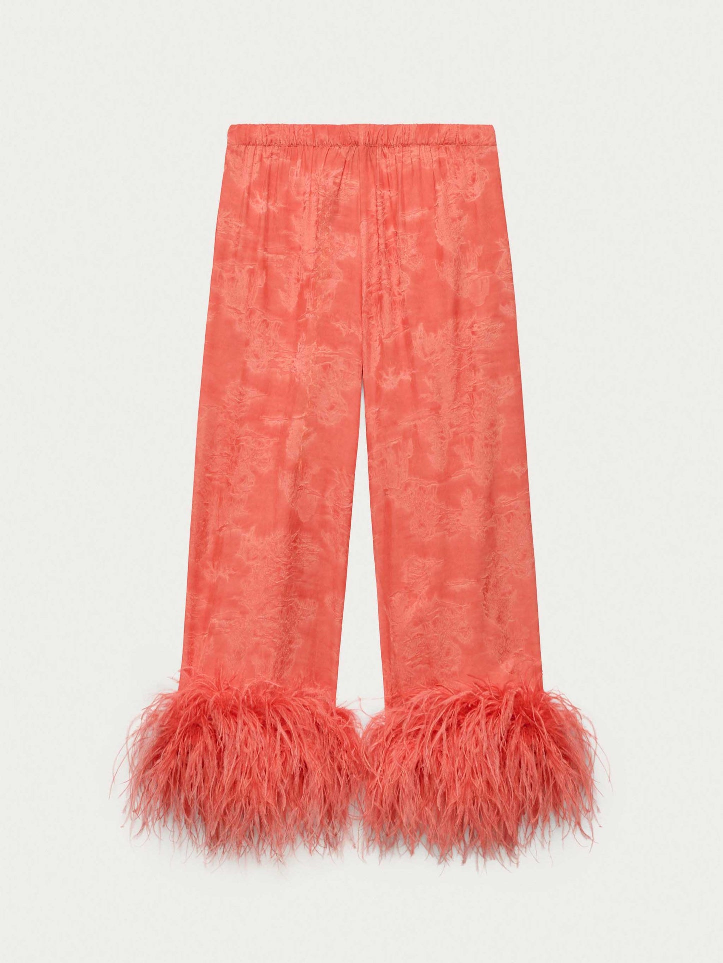 Elegant Feather Trim Jacquard Wrap Blouse & Pants Two-Piece Set