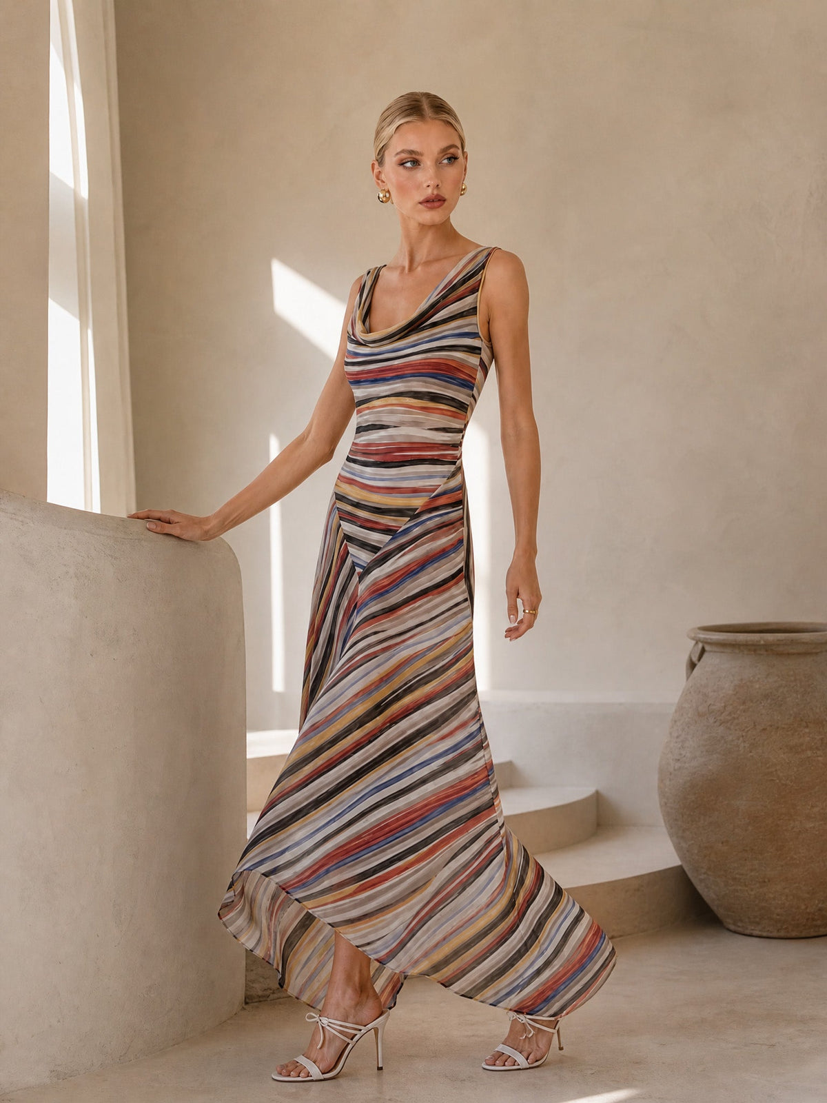 Swing Collar Striped Maxi Dress