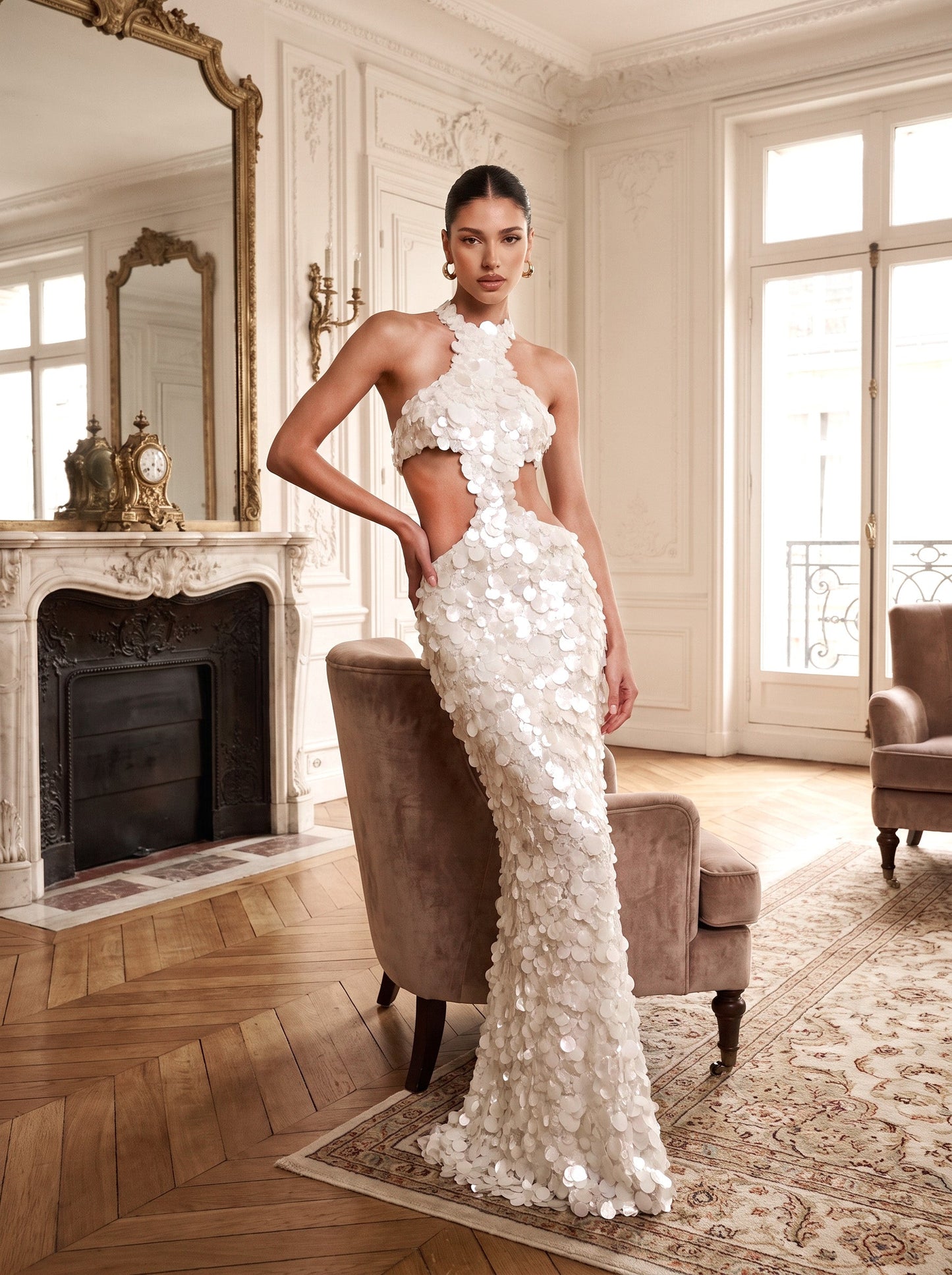 Elegant Halter Cutout Sequin Mermaid Maxi Dress