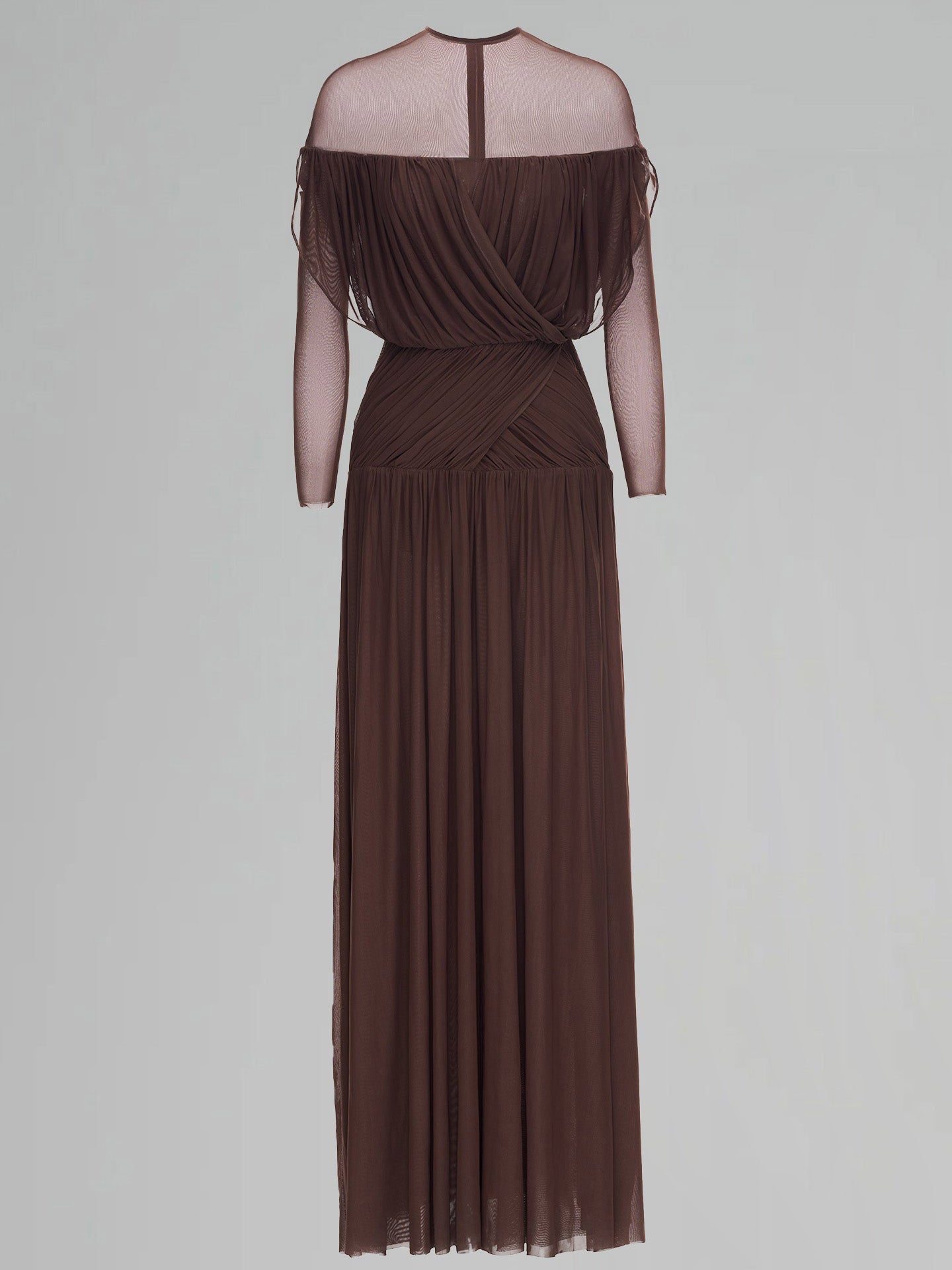 Elegant Ruched Draped Mesh Maxi Dress