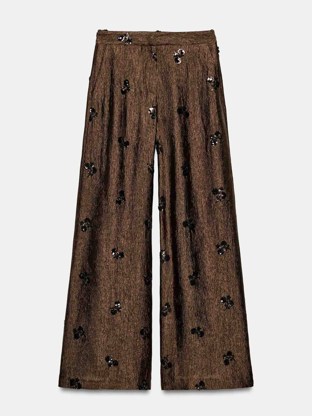 Elegant Satin Sequin Top & High-Waist Wide-Leg Pants Two-Piece Set