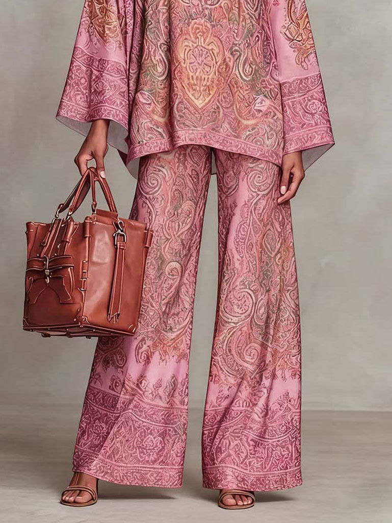 Elegant Satin Paisley Print Batwing Sleeve Two-Piece Set