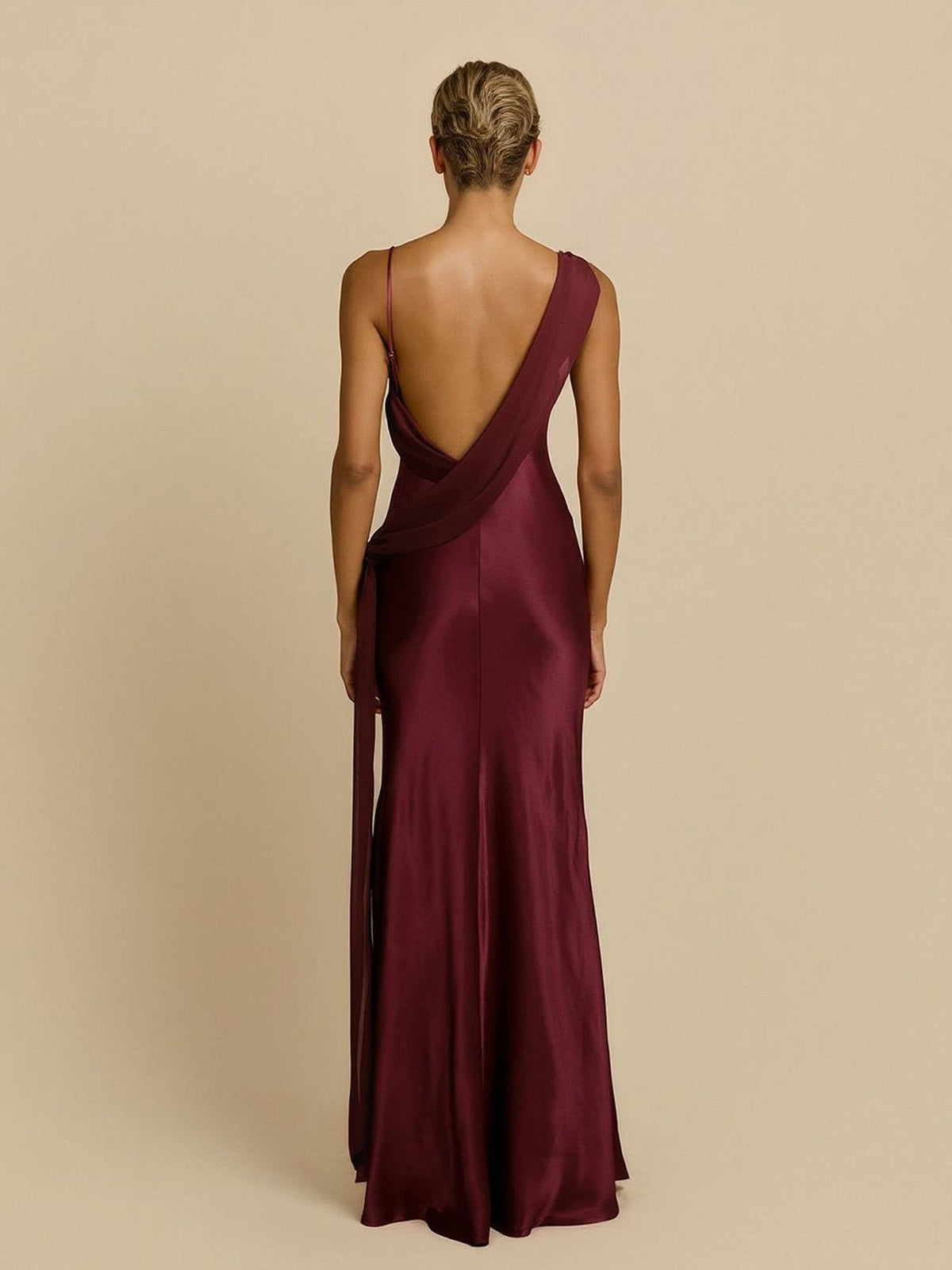 Elegant Satin Asymmetric One Shoulder Maxi Dress