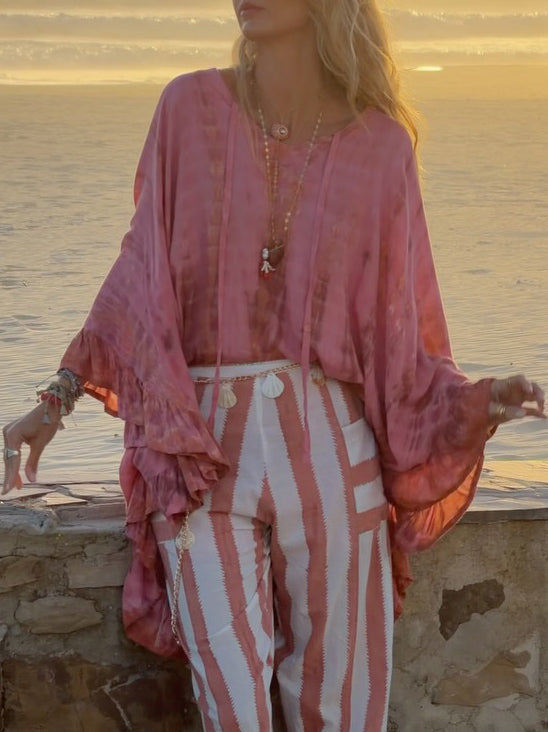 Casual Tie-Dye Lotus Leaf Sleeve Top & Striped Pants Two-Piece Set