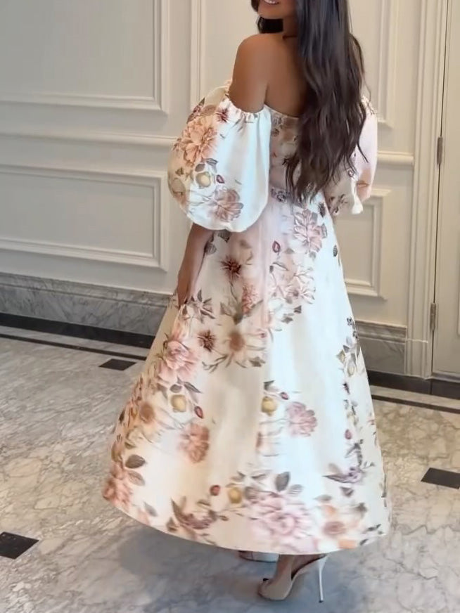 Elegant Floral Print Off-Shoulder Puff Sleeve Midi Dress