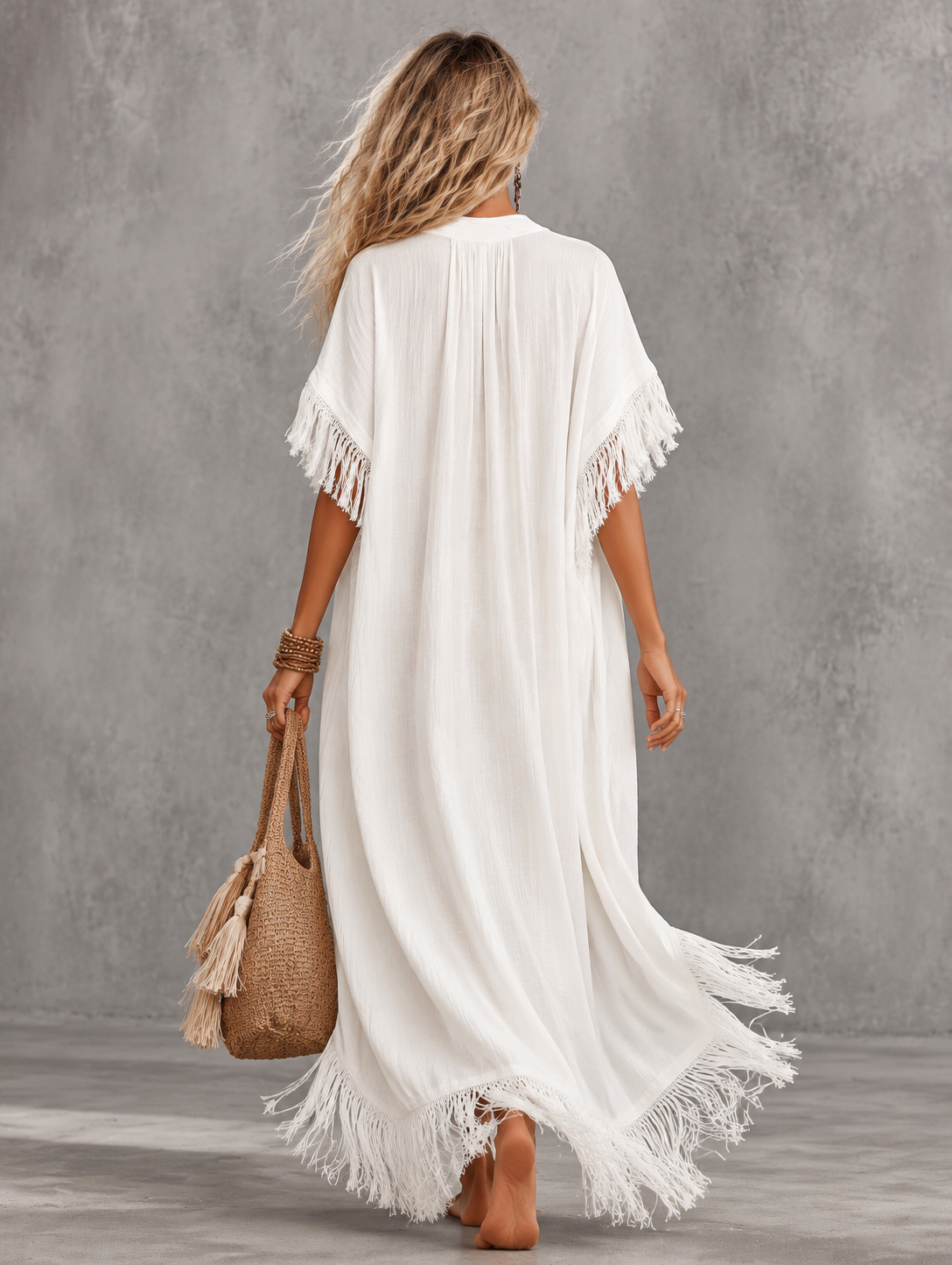 Casual V-Neck Fringe Flowing Maxi Dress