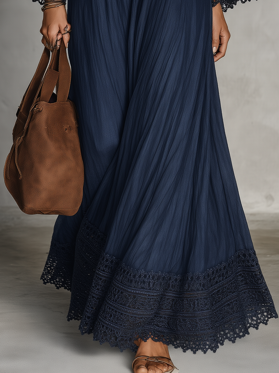Casual Lace-Trim Flared Sleeve Maxi Dress
