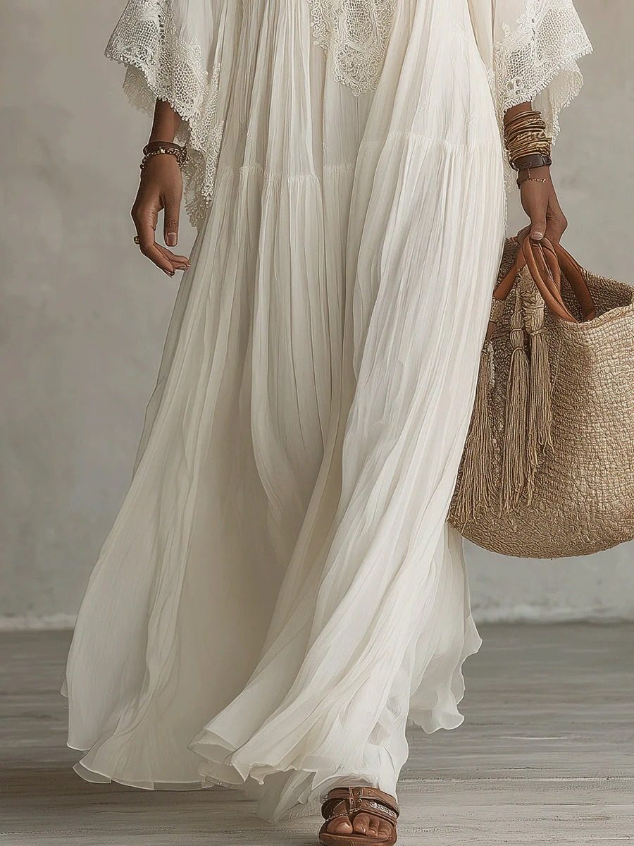 Elegant Batwing Sleeve Lace Flowy Maxi Dress