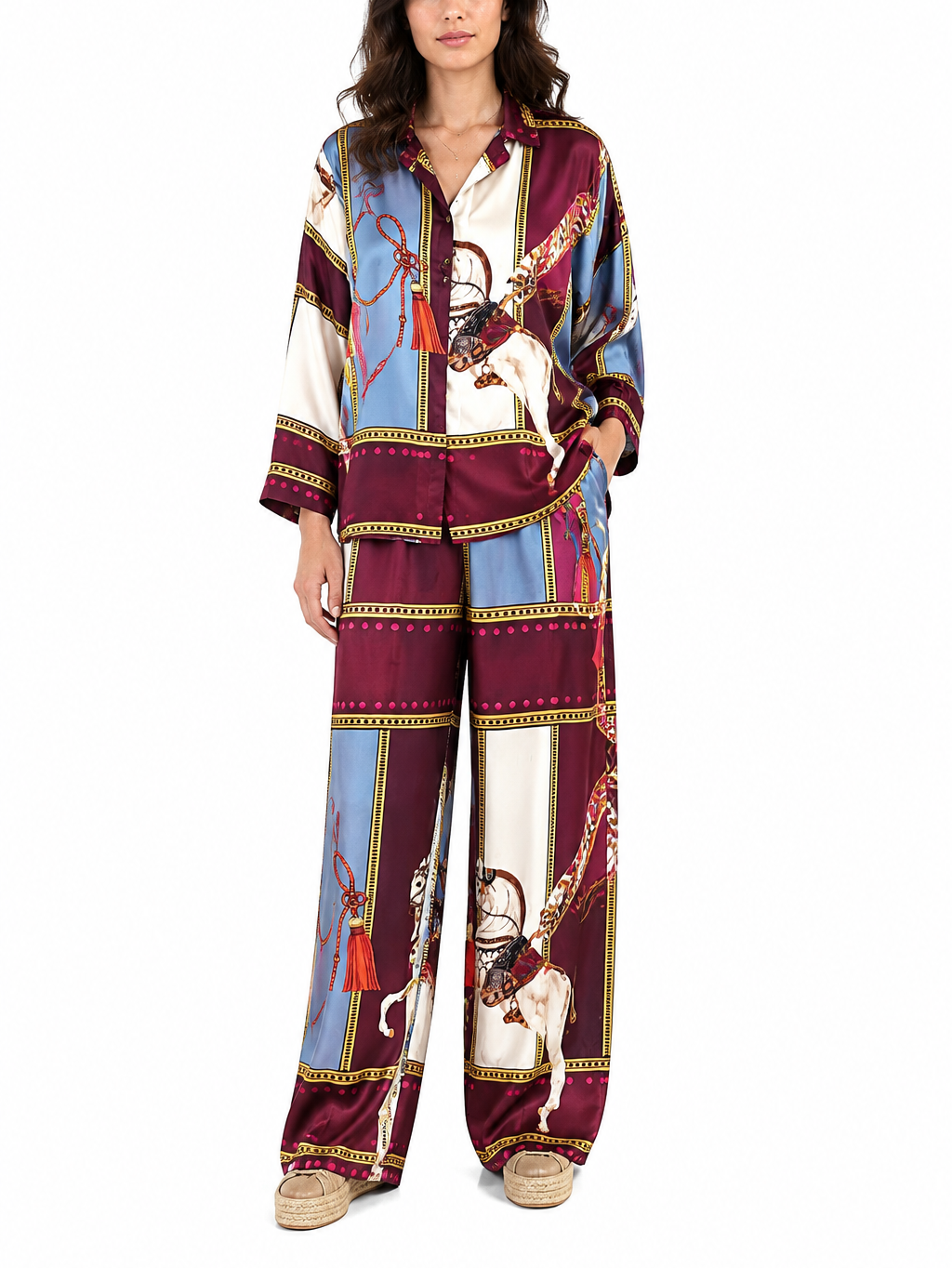 Retro Equestrian Print Shirt & Wide-Leg Pants Two-Piece Set
