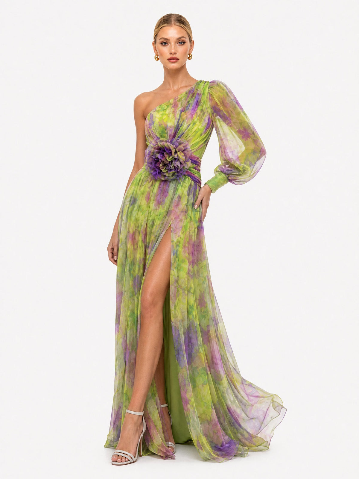 Elegant Floral Print Ruched One-Shoulder Sheer Maxi Dress