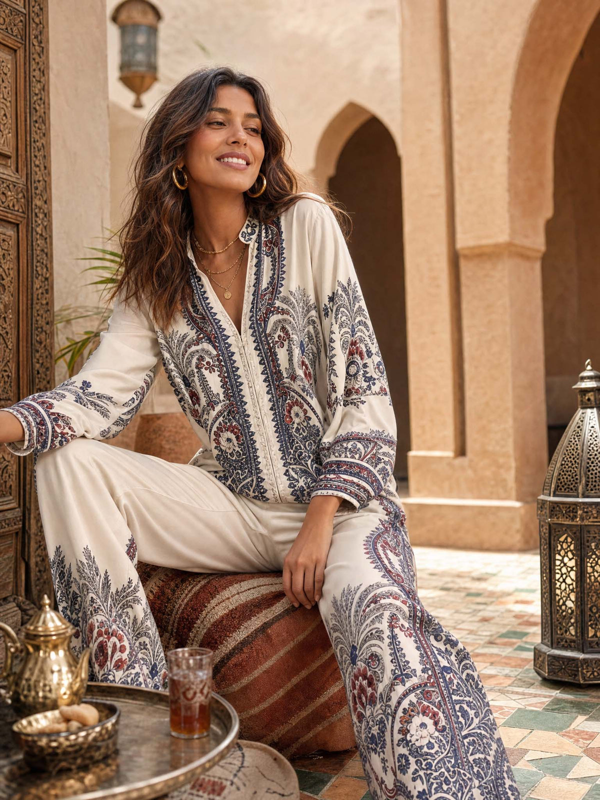 Elegant Paisley Print Zip-Up Shirt & Wide Leg Pants Set