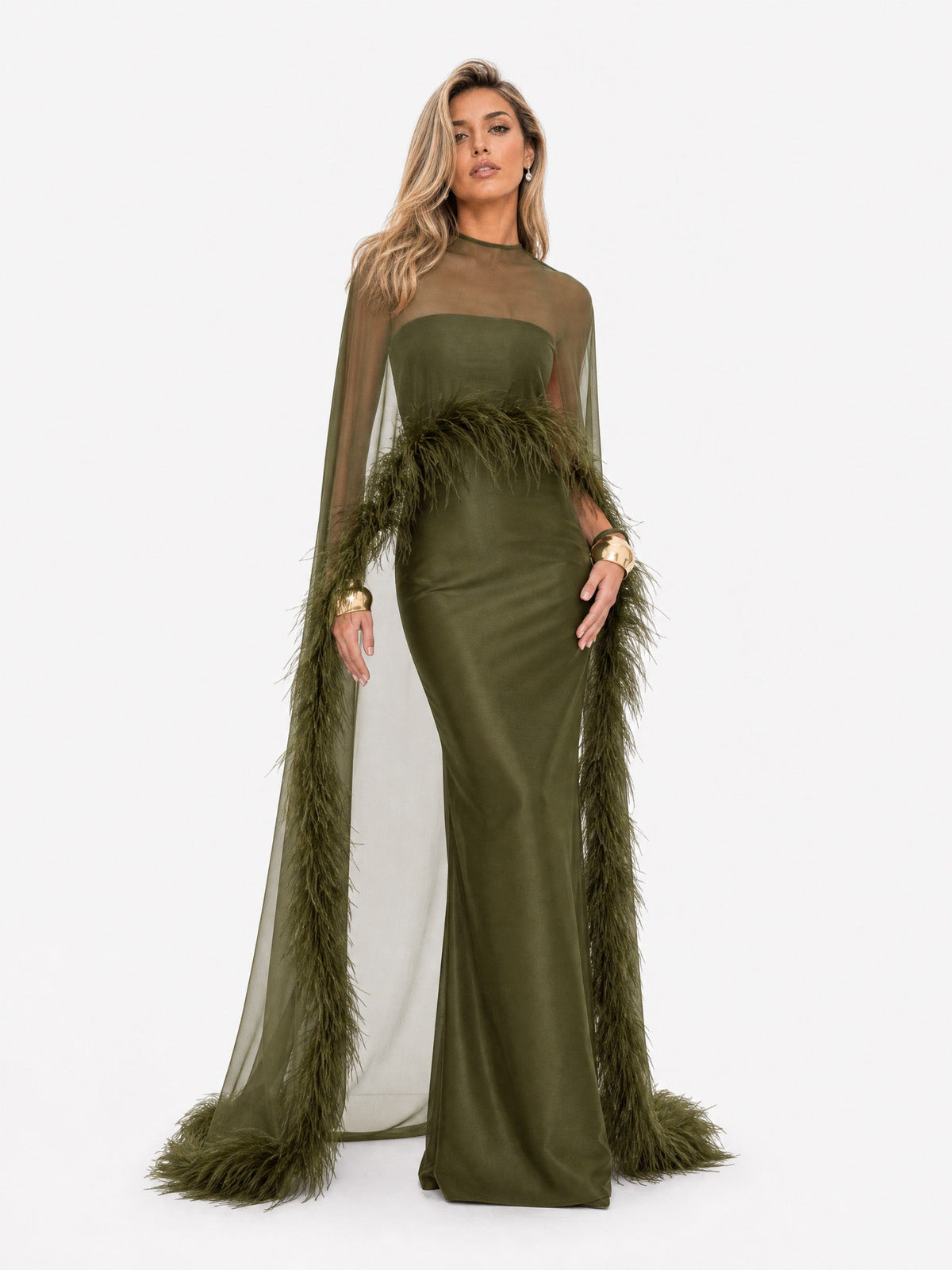 Elegant Feather Trim Chiffon Shawl Black Satin Maxi Dress