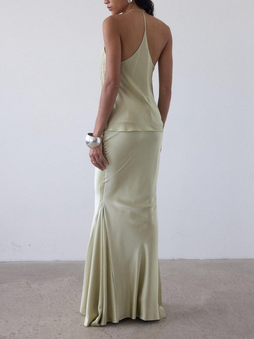 Elegant Fringe Shawl Top & Satin Maxi Skirt Three-Piece Set