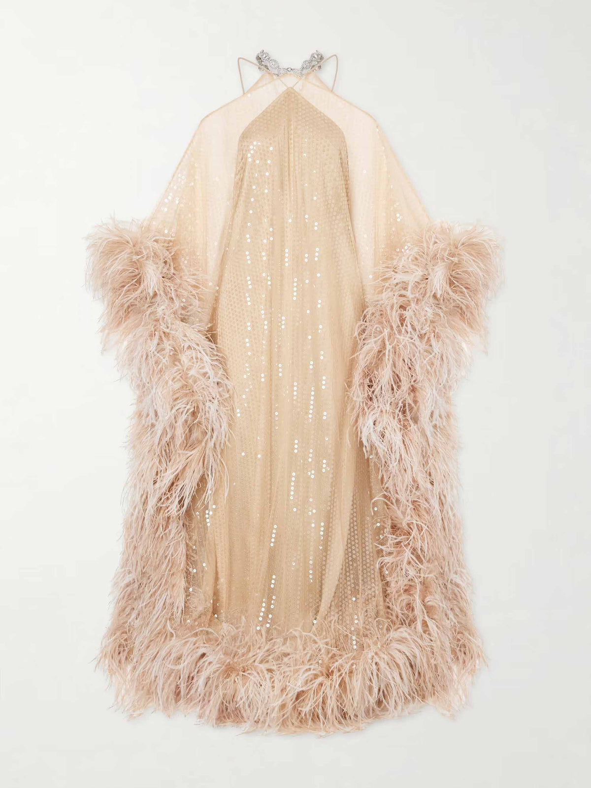Luxury Sequined Feather Trim Cape Sleeve Maxi Dress
