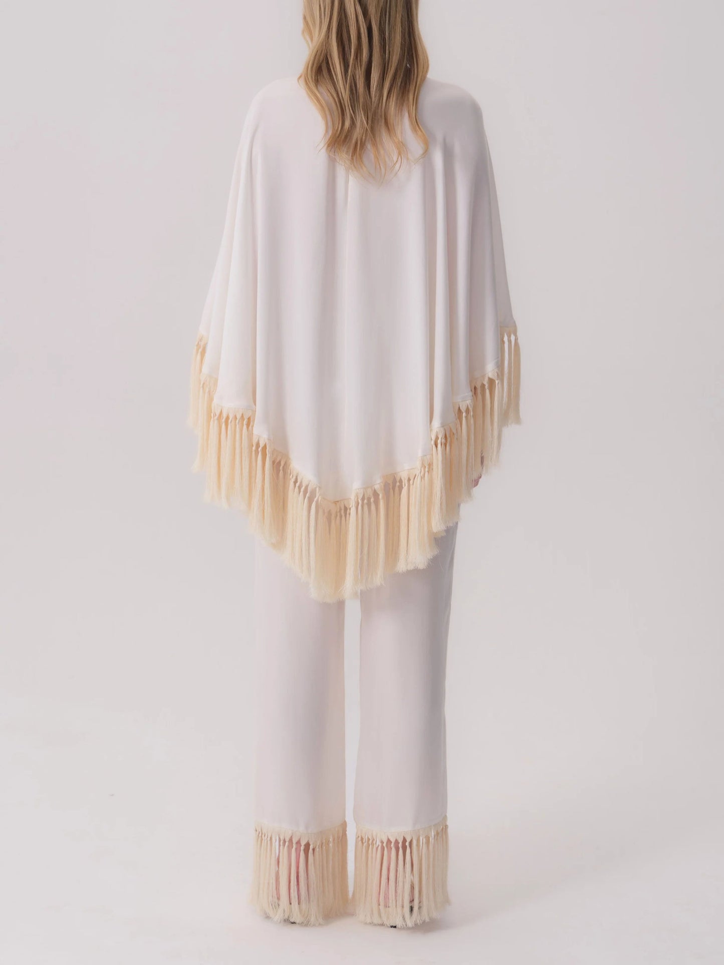 Elegant Fringe Trim Poncho Top & Straight Leg Pants Two-Piece Set