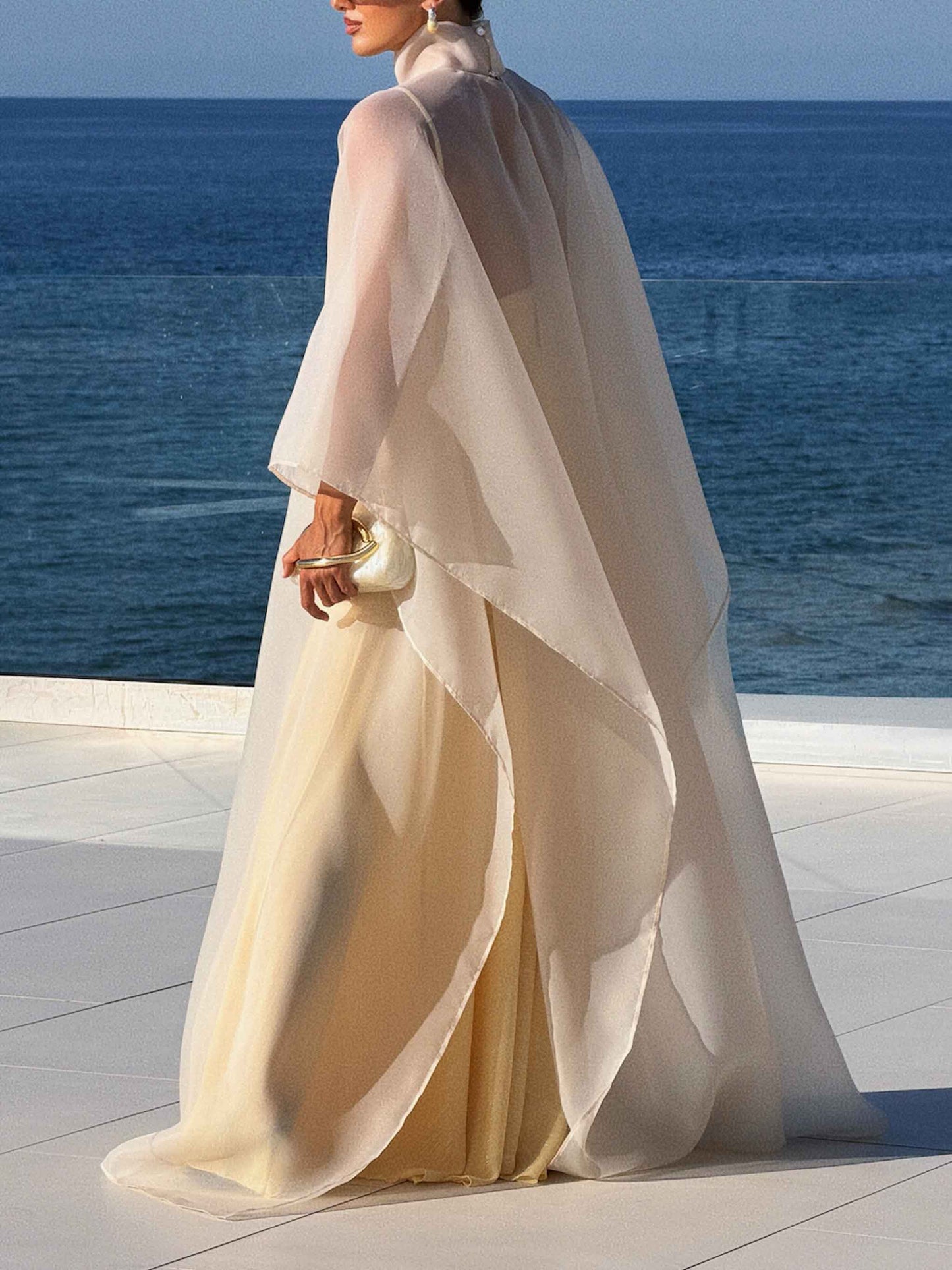 Elegant High Neck Organza Cape Maxi Gown