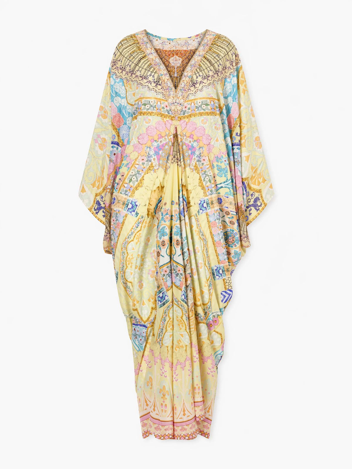 Retro Colorful Floral Print Silk-Feel Kaftan Maxi Dress