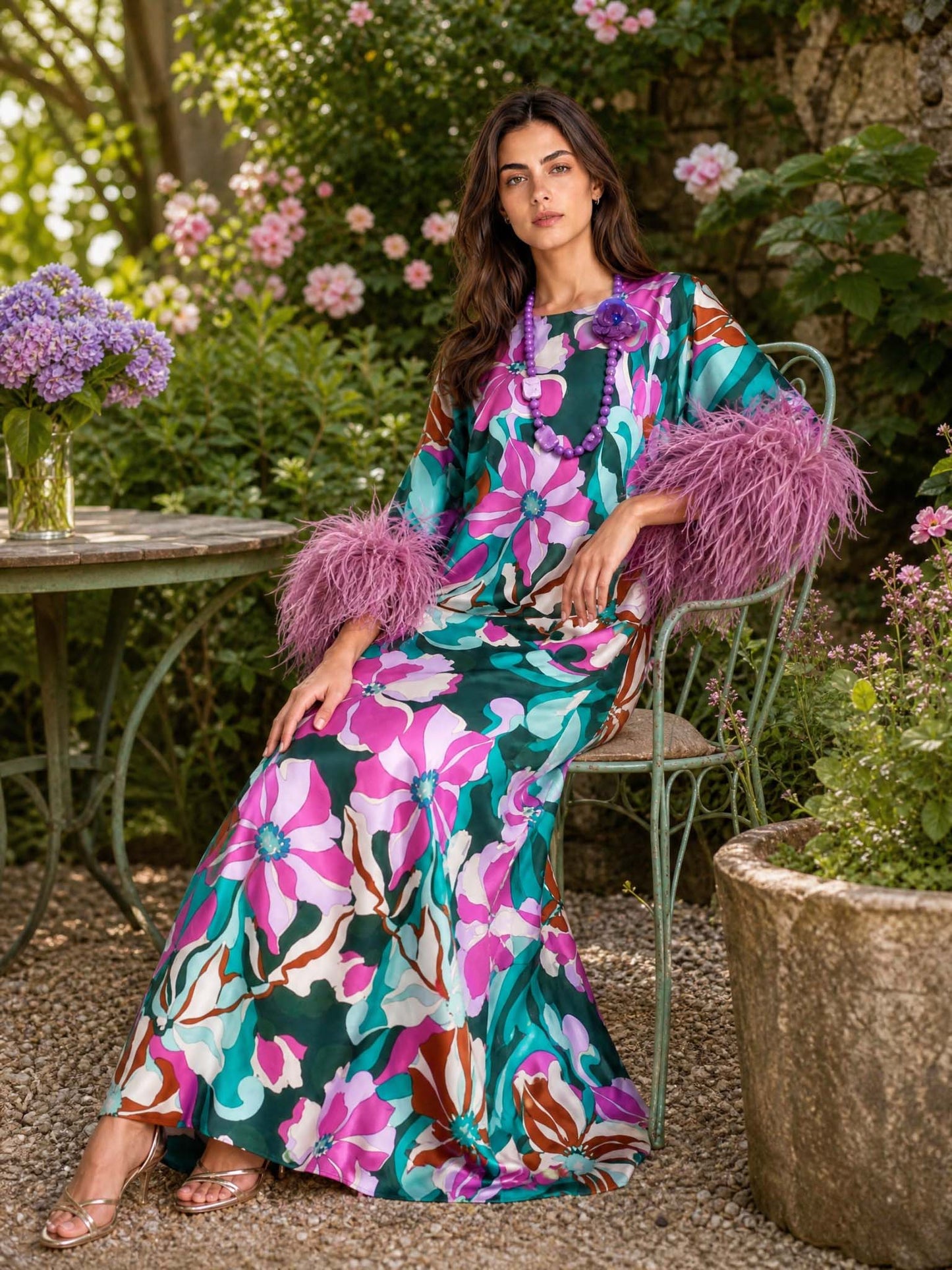 Elegant Floral Print Feather Cuff Satin Maxi Dress