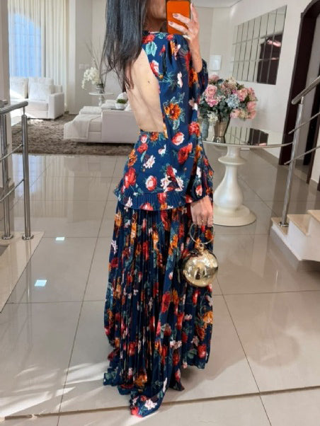 Elegant Navy Floral Print Cutout Maxi Dress