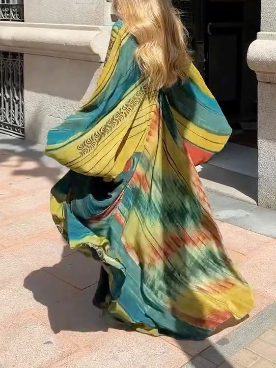Retro Abstract Print V-Neck Balloon Sleeve Maxi Dress