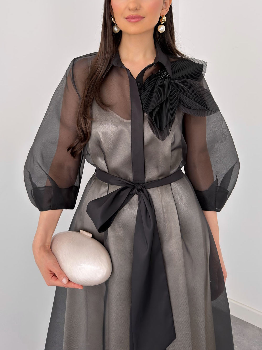 Elegant Sheer Organza Overlay Tie-Waist Midi Dress