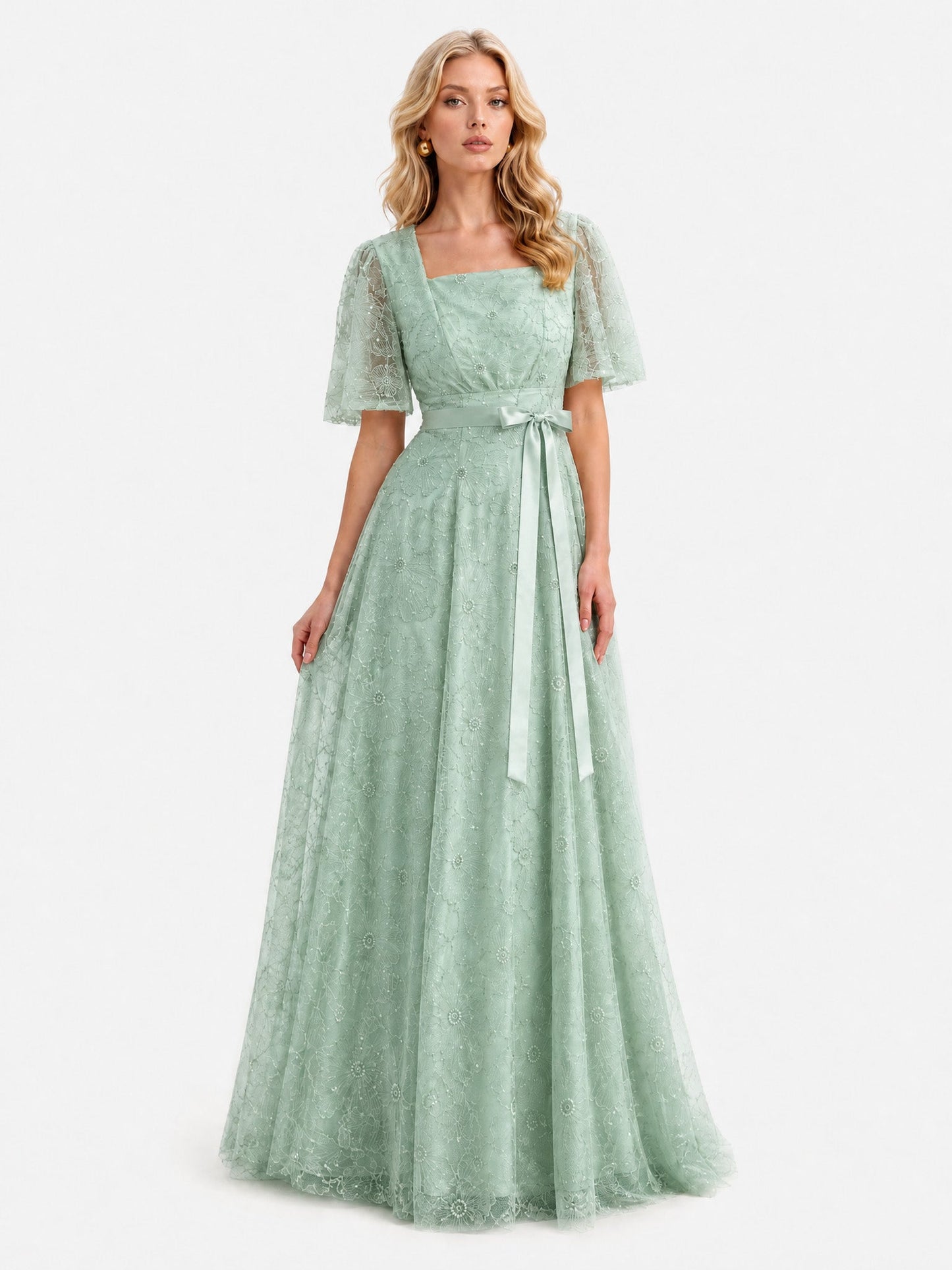 Elegant Square Neck Sheer Tulle Floral Embroidered Maxi Dress