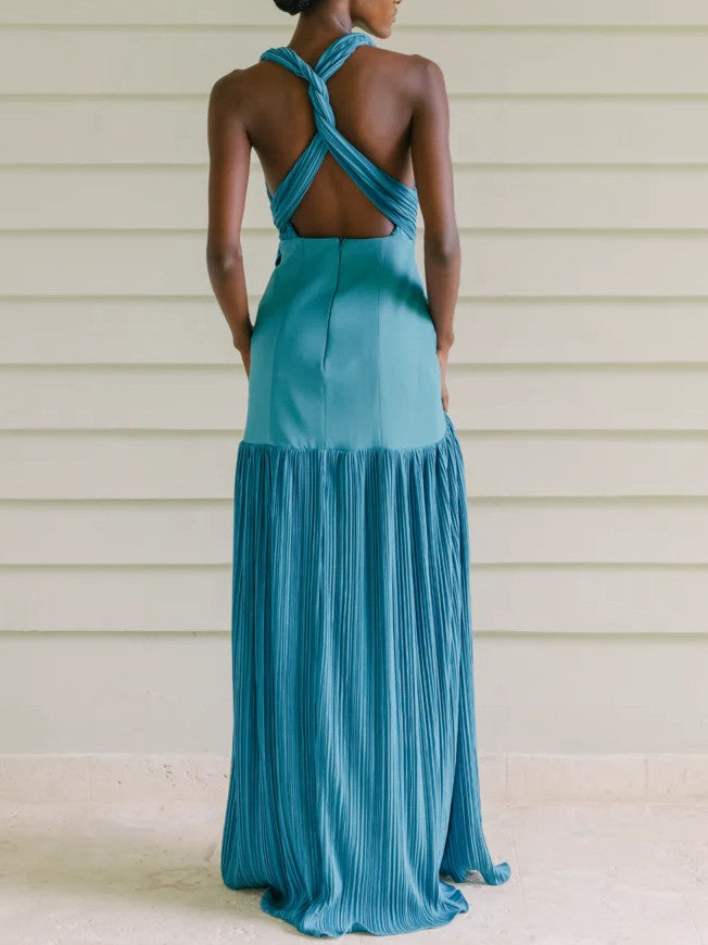 Elegant Backless Deep V-Neck Ruched Maxi Dress