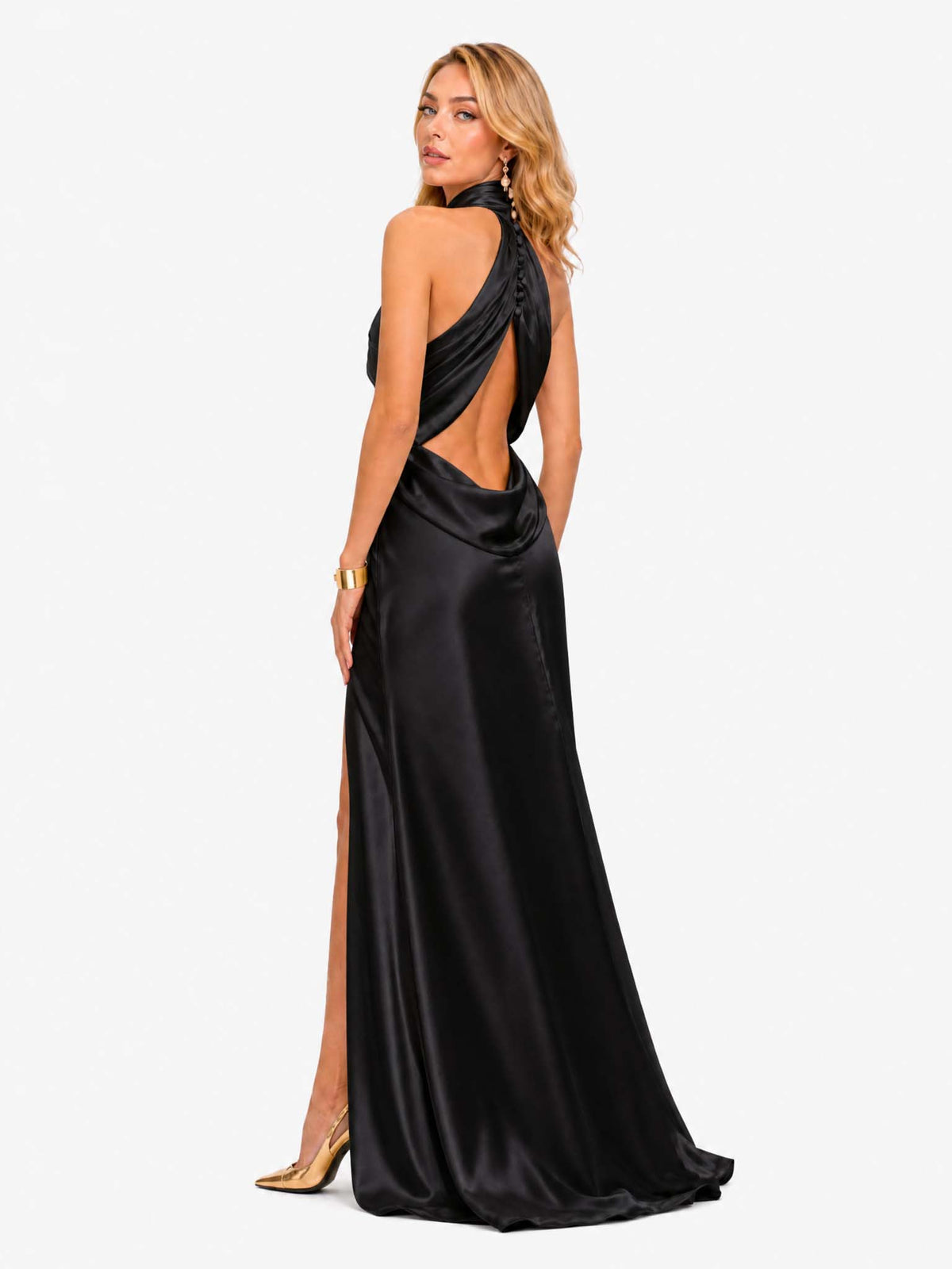 Elegant halter backless ruched high slit satin maxi dress