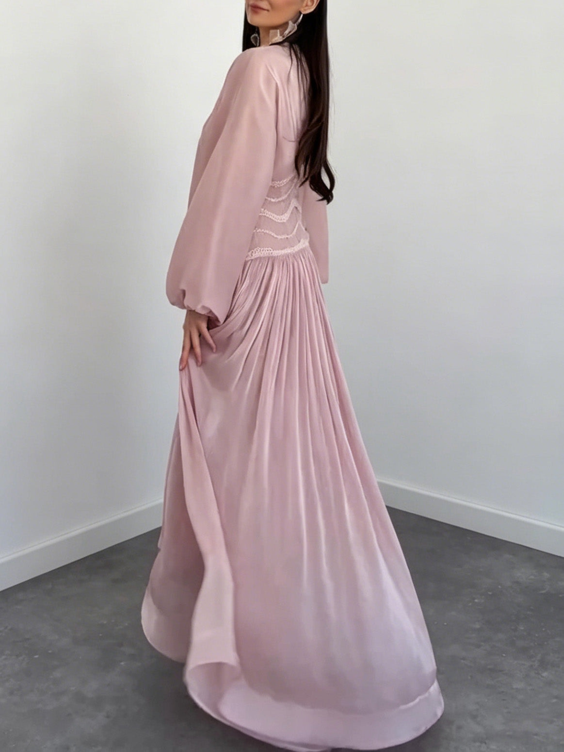 Elegant Pleated Waist Long Sleeve Satin Maxi Dress