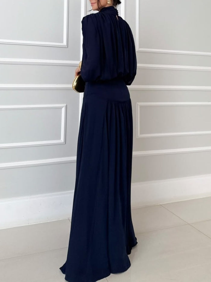 Elegant High Neck Pleated Cape Sleeve Maxi Dress