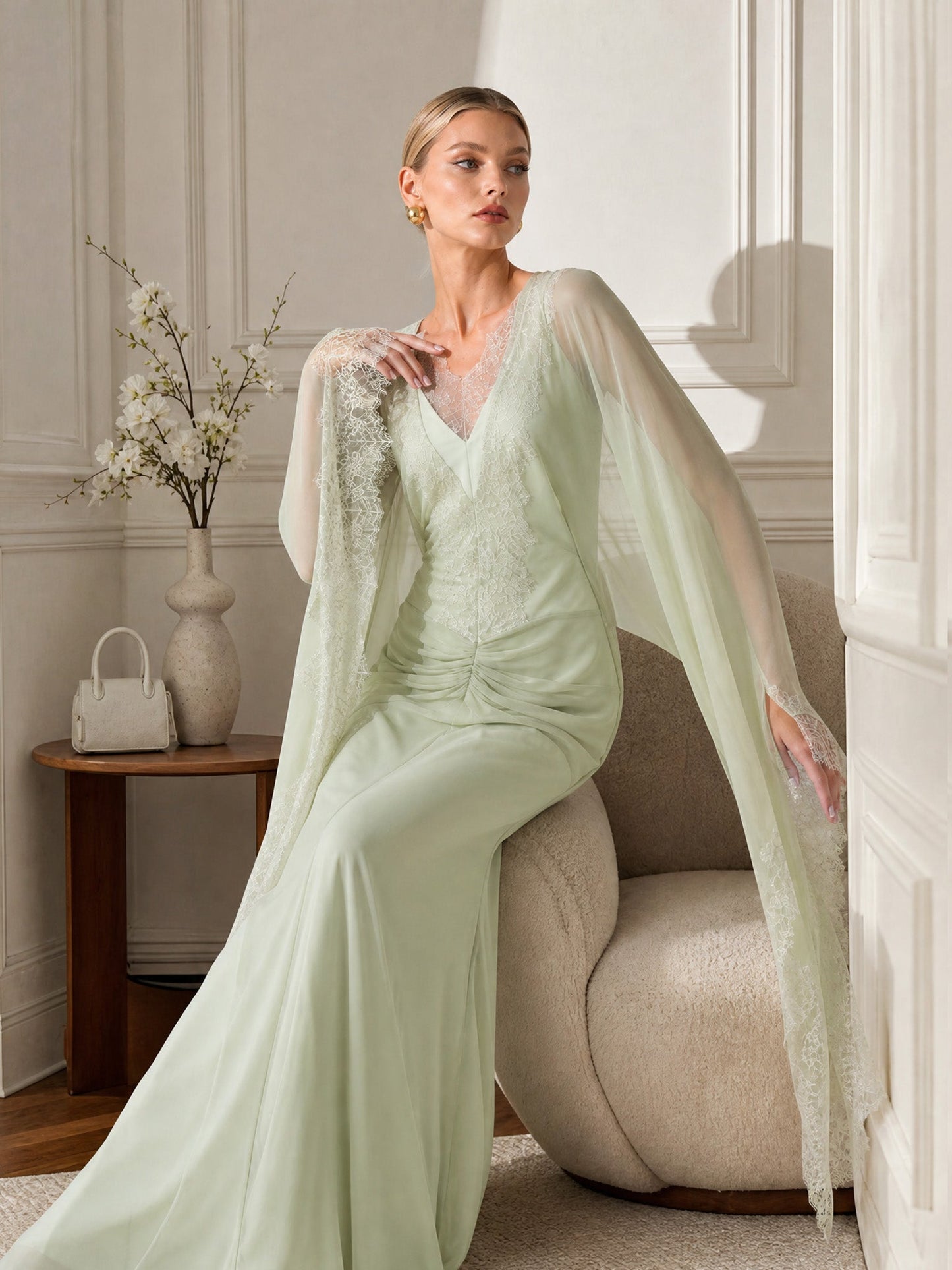 Elegant Lace-Trim Cape Sleeve Ruched Maxi Dress