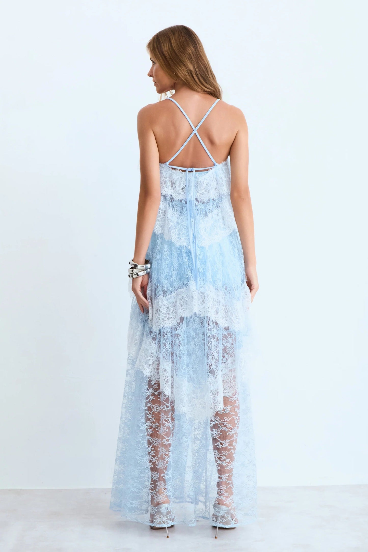 Elegant Tiered Lace Spaghetti Strap Maxi Dress