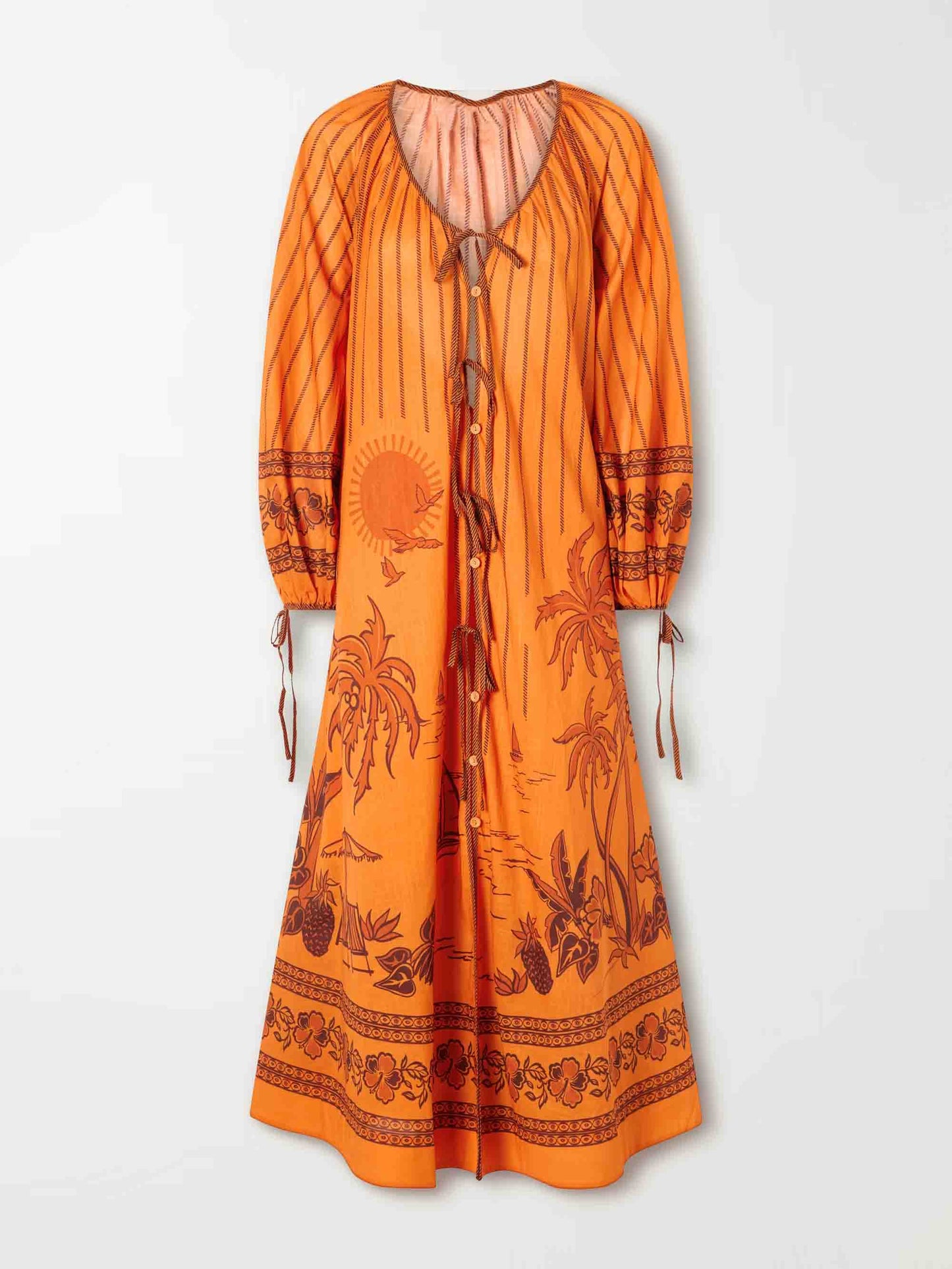 Retro Printed Tie-Neck Loose Maxi Dress