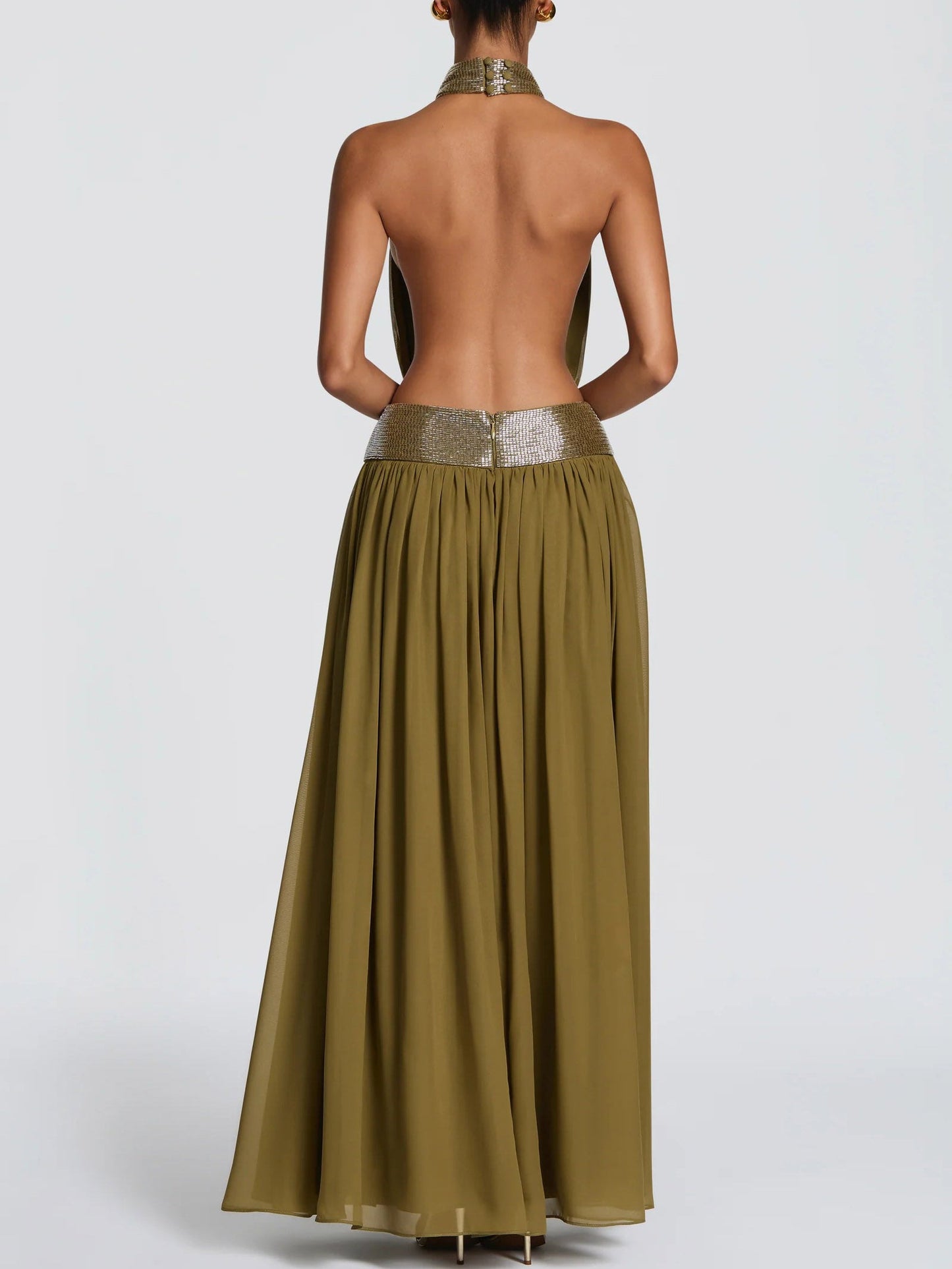 Elegant Halter Neck Sequin Chiffon Maxi Dress