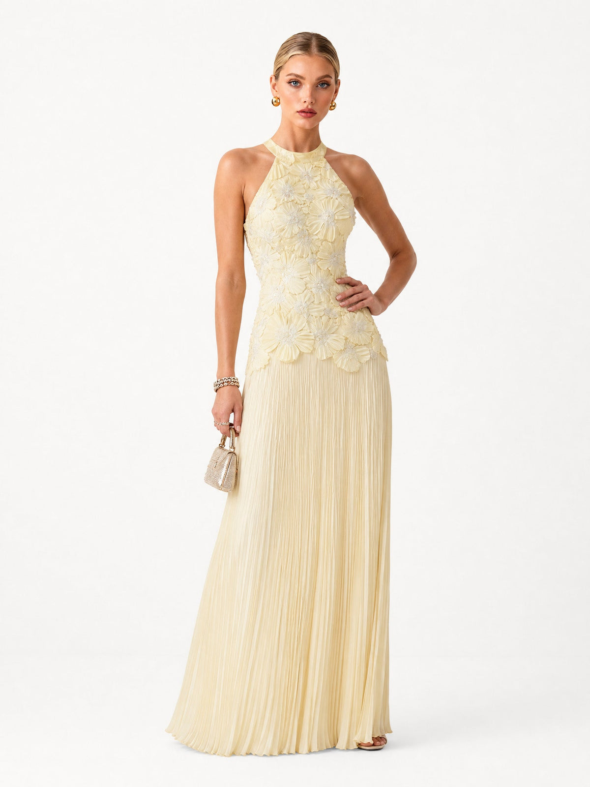 Elegant Halter Neck 3D Floral Appliqué Ruched Maxi Dress