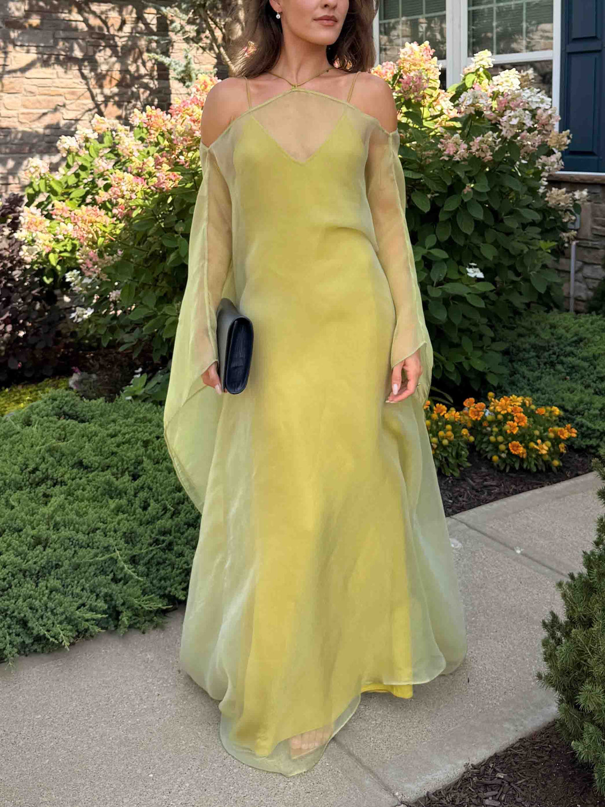 Elegant Sheer Chiffon Cape Sleeve Slip Maxi Dress