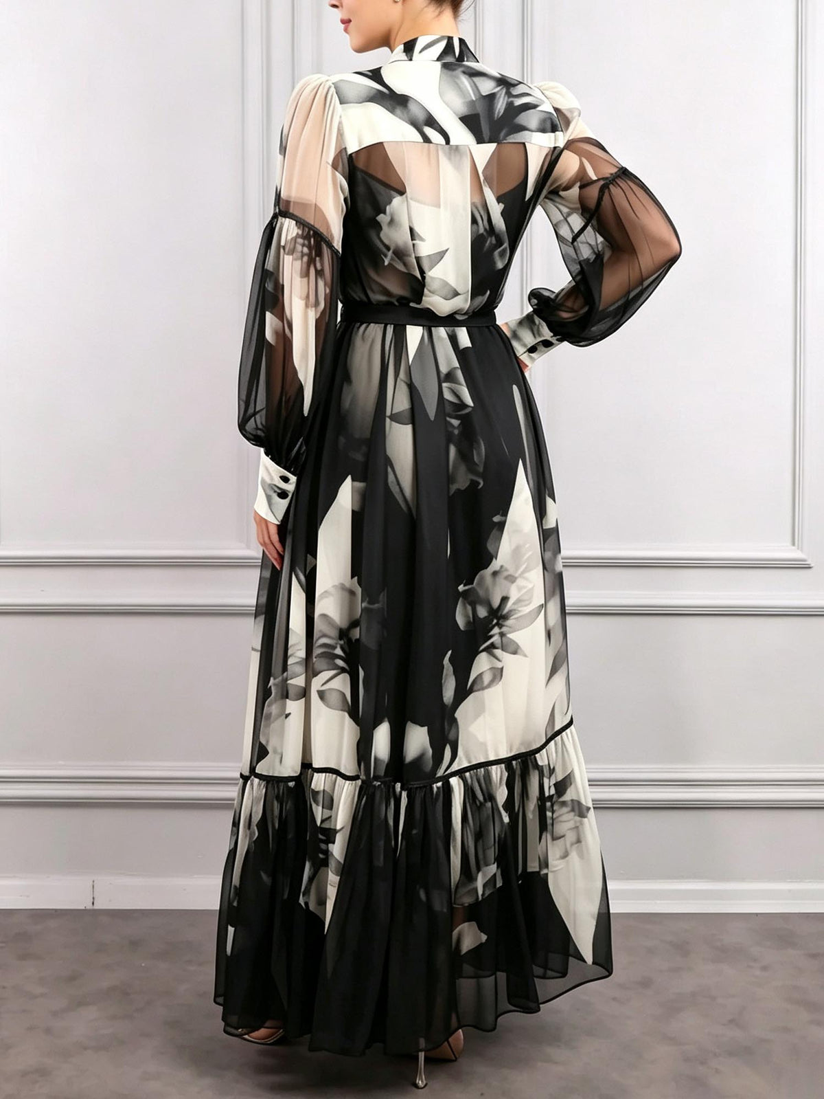Elegant Abstract Floral Print Sheer Chiffon Maxi Dress