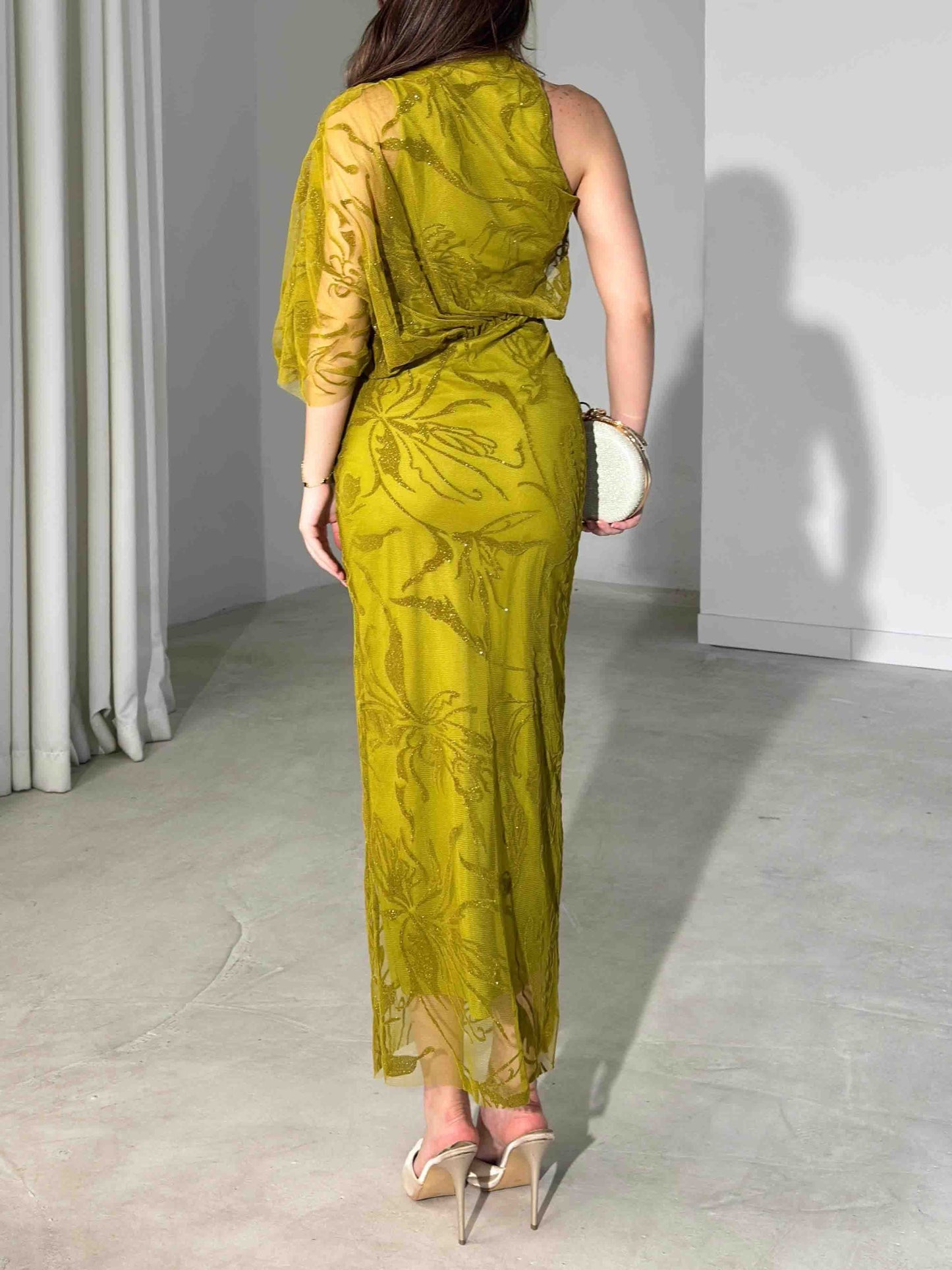Elegant Glitter Floral Mesh Midi Dress
