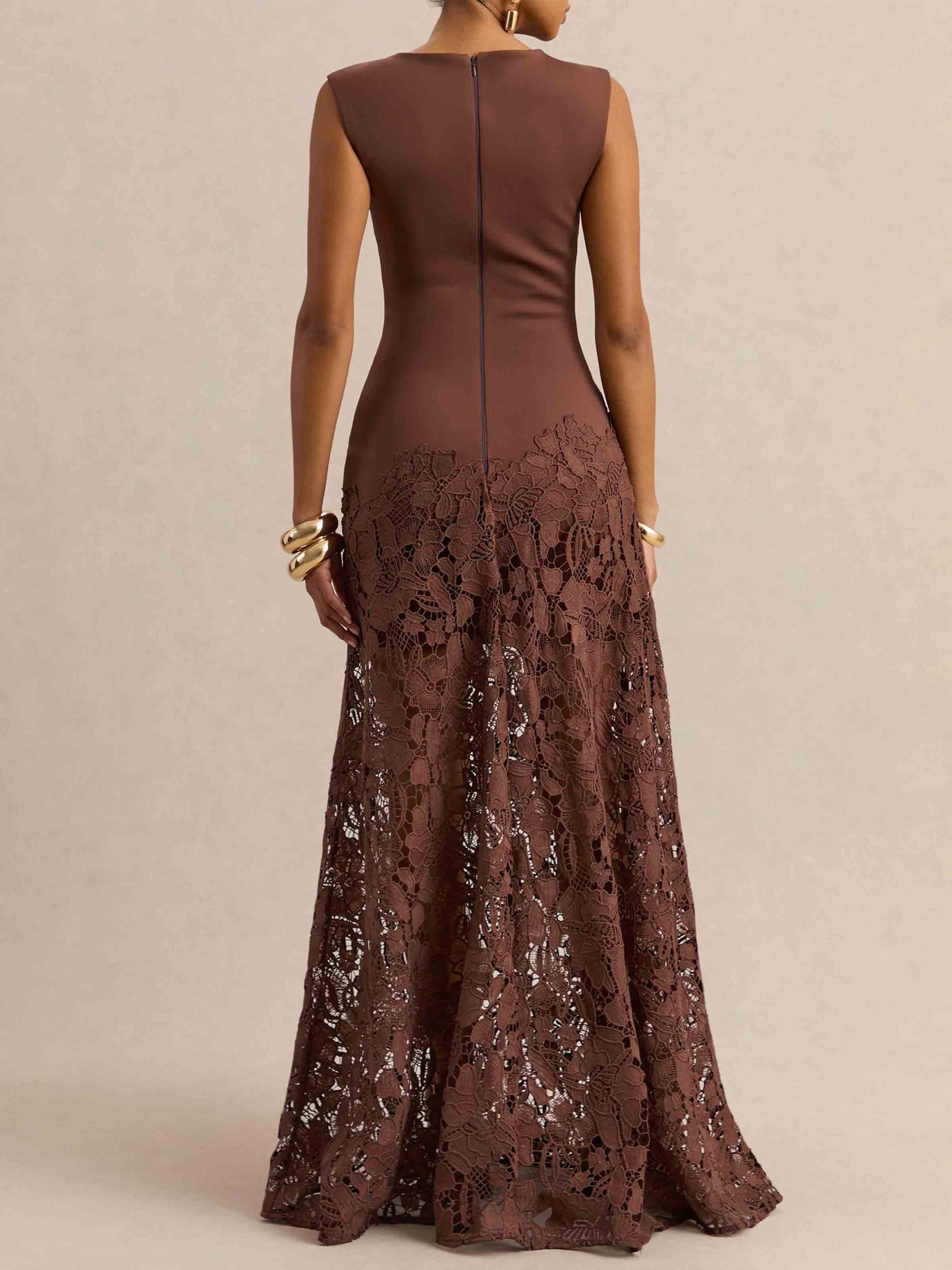 Elegant Sleeveless Lace Panel Mermaid Maxi Dress