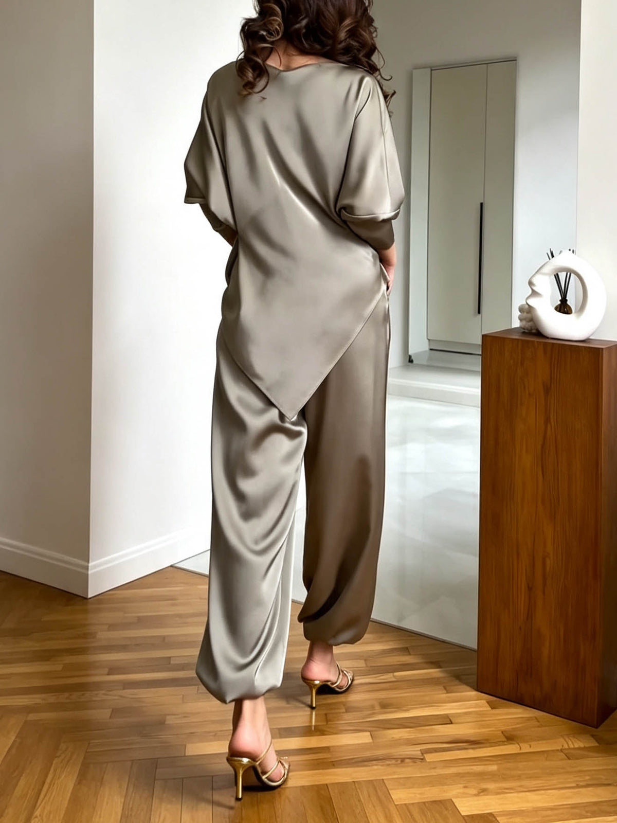 Retro Embroidered Waist Belt Satin Shirt & Harem Pants Set