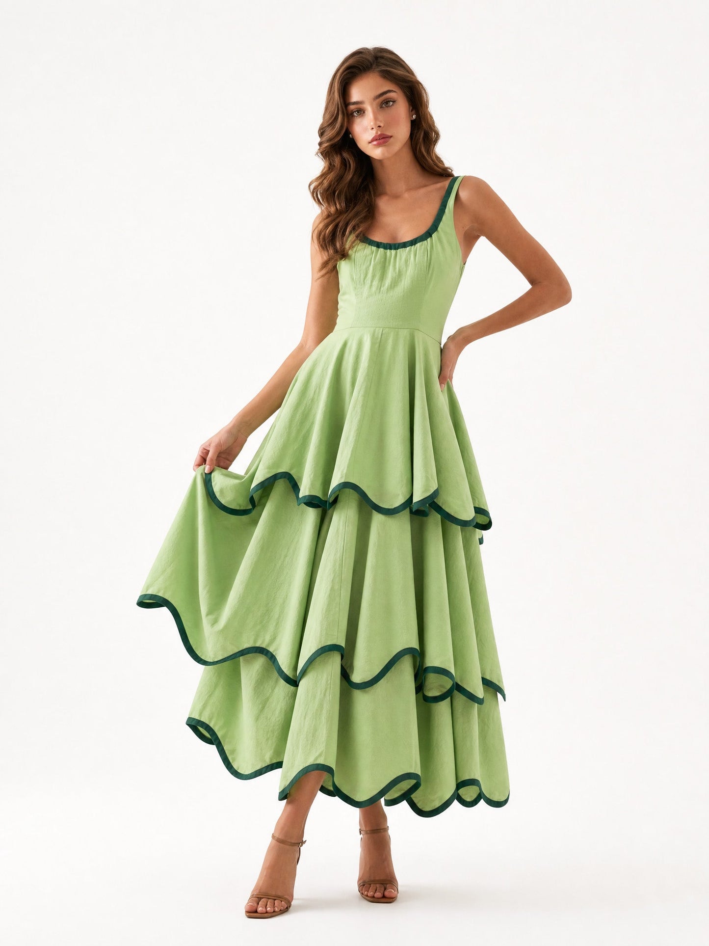 Elegant Color Trim Tiered Ruffle Sleeveless Maxi Dress