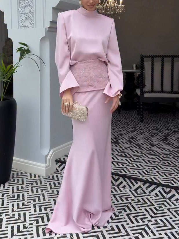 Elegant Satin Top & Embroidered Waistband Skirt Two-Piece Set
