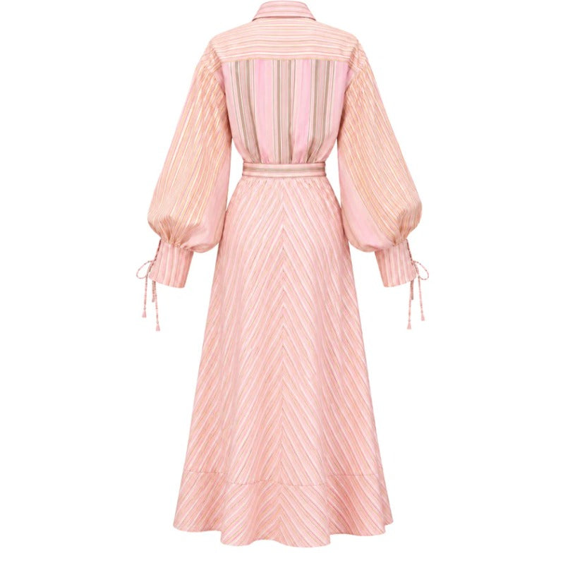 Pink Stripe Print Long Sleeve Waist Tie Maxi Shirt Dress