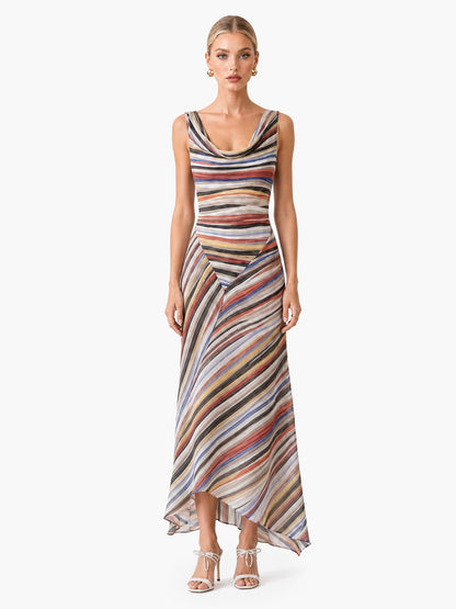 Swing Collar Striped Maxi Dress