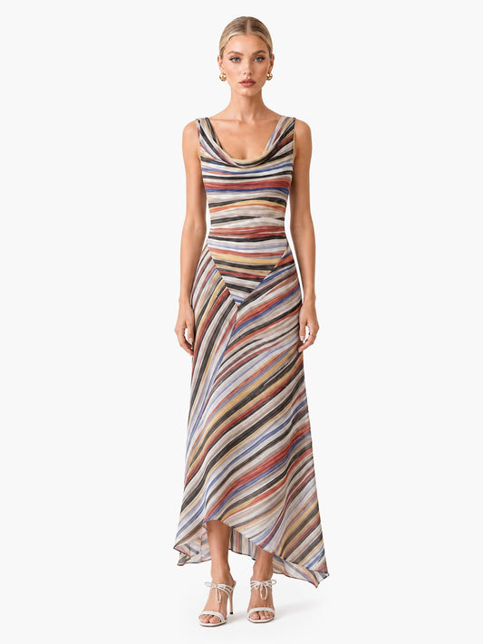Swing Collar Striped Maxi Dress