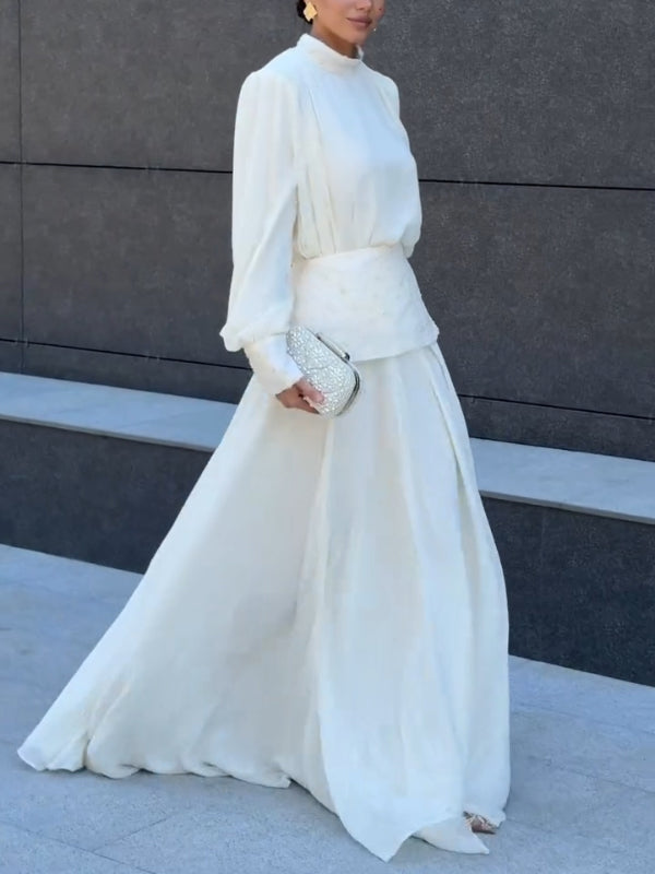Elegant High Neck Top & Embroidered Maxi Skirt Two-Piece Set