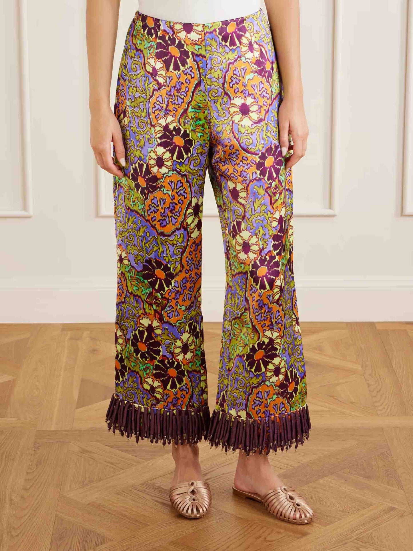Exquisite Retro Floral Print Tassel Top & Wide-Leg Pants Two-Piece Set