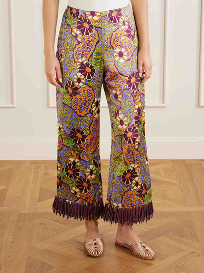 Exquisite Retro Floral Print Tassel Top & Wide-Leg Pants Two-Piece Set