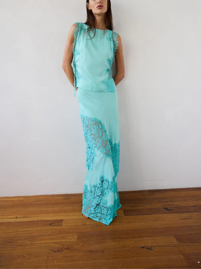 Elegant Lace Trim Sleeveless Satin Two-Piece Set