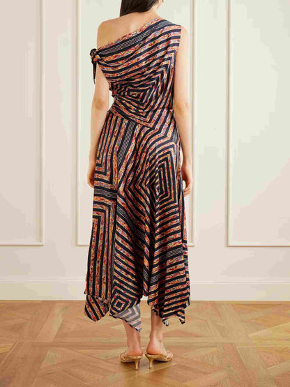 Asymmetric Off‑Shoulder Geometric Print Satin Midi Dress